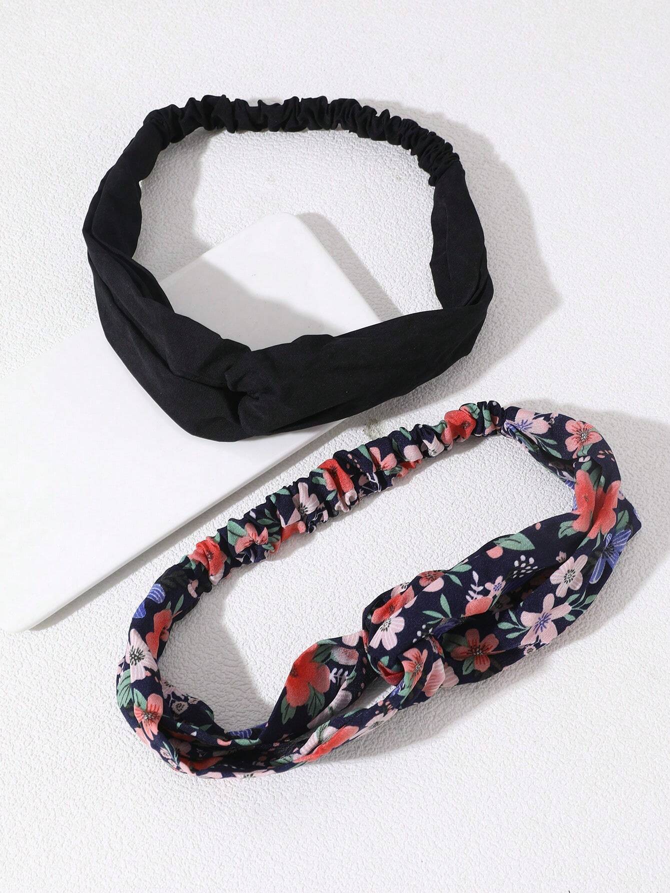 2 Stk Hårbånd med Snoning - i Sort & Blomsterprint