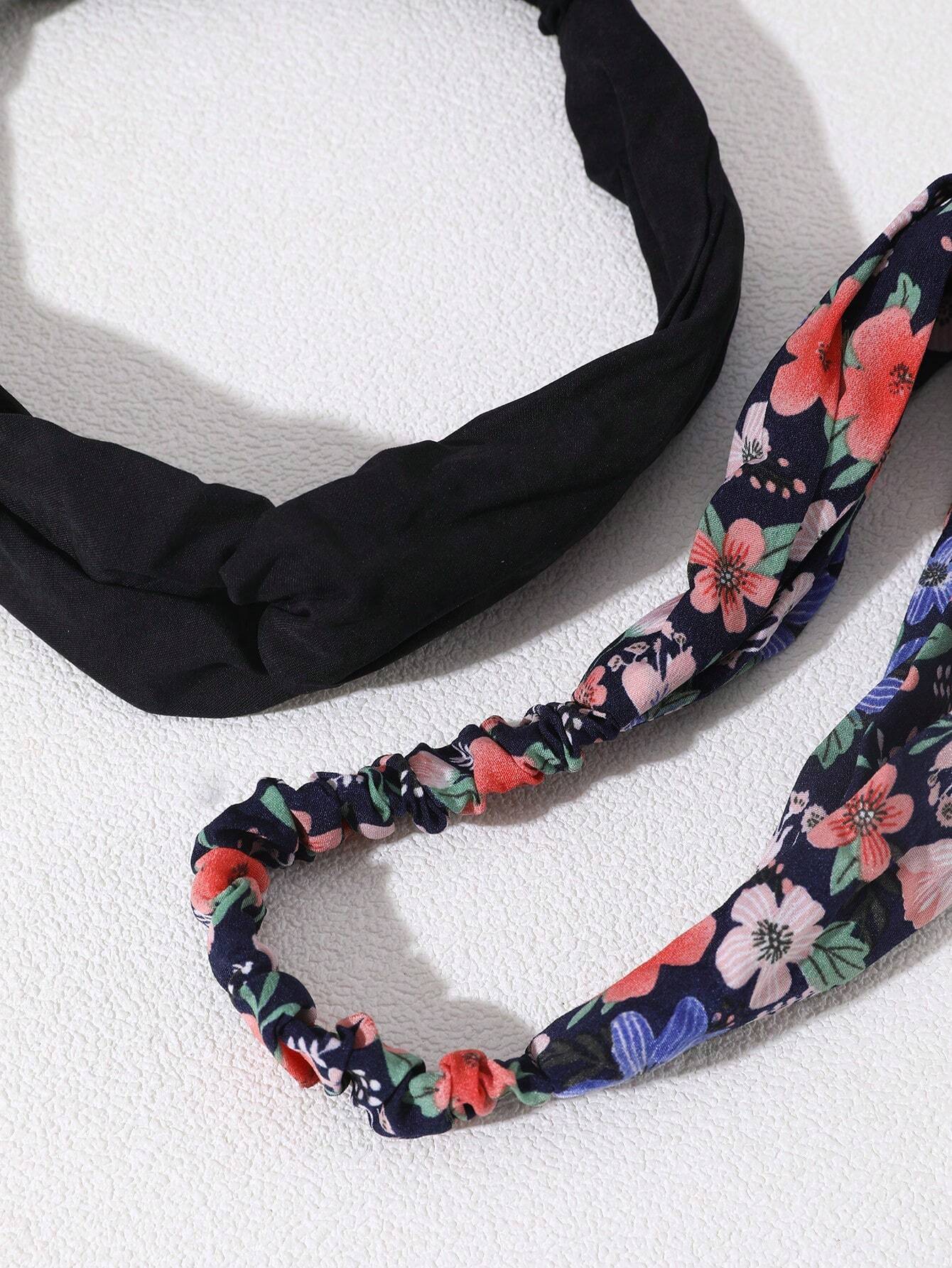2 Stk Hårbånd med Snoning - i Sort & Blomsterprint