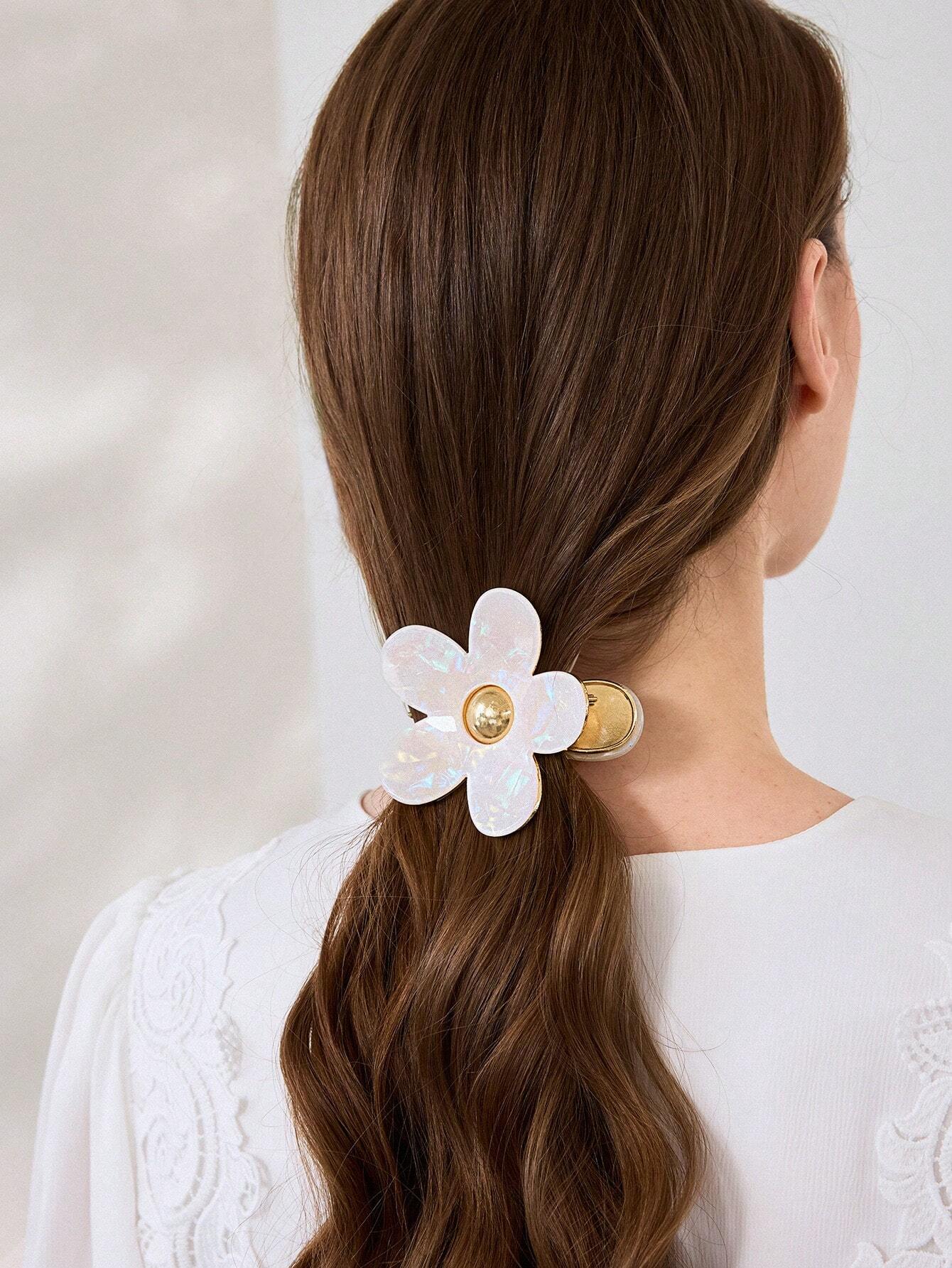 Golden Metal Hair Clip with White Mother of Pearl Flower