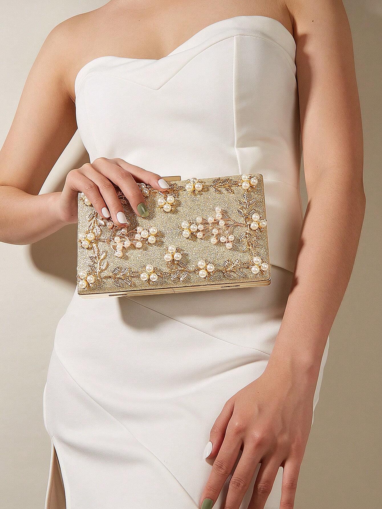 Clutch Bag - in Gold Glitter & Pearl Decoration