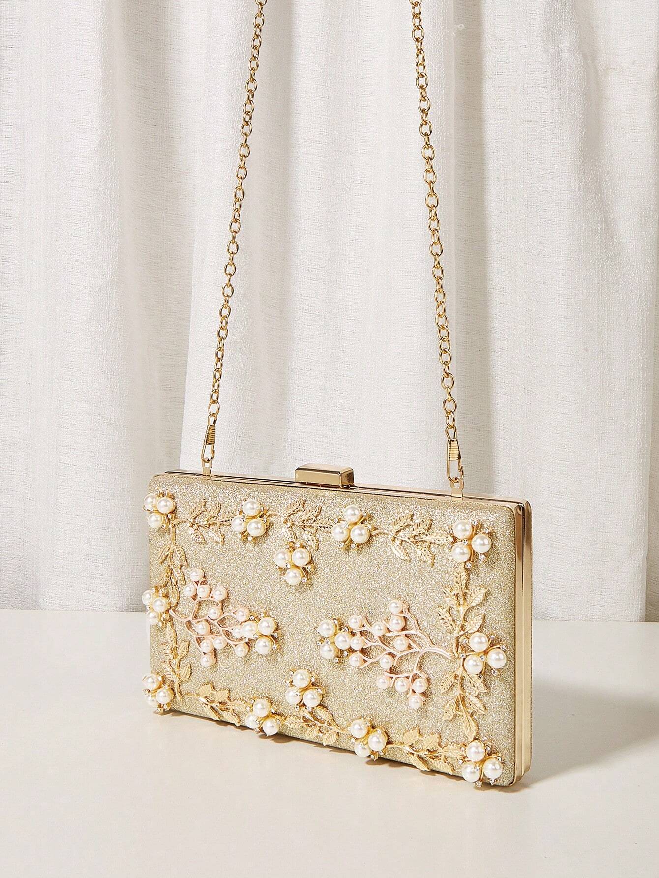 Clutch Taske - i Guld-Glitter & Perle Dekoration