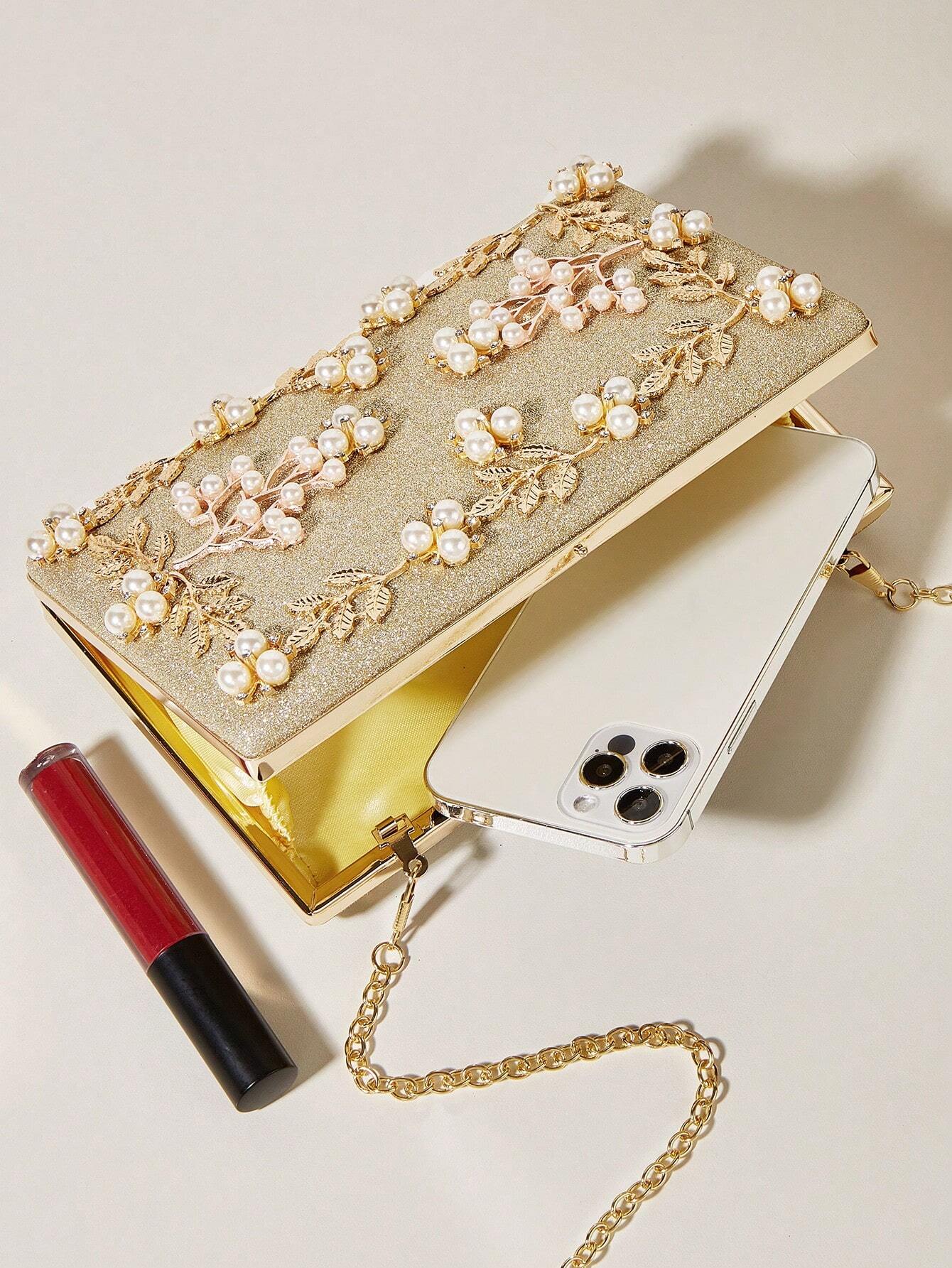 Clutch Taske - i Guld-Glitter & Perle Dekoration