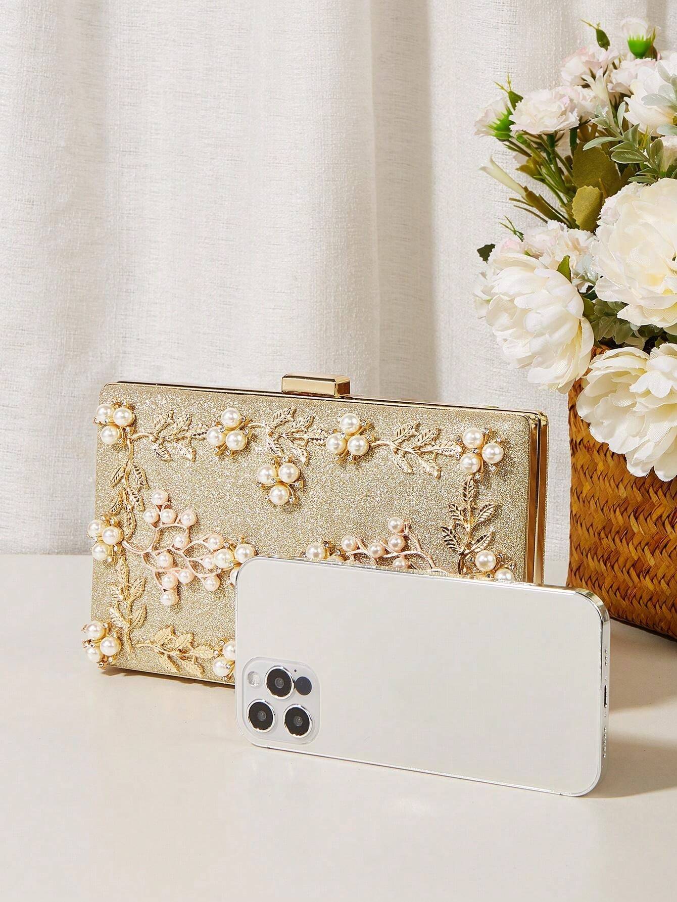 Clutch Taske - i Guld-Glitter & Perle Dekoration