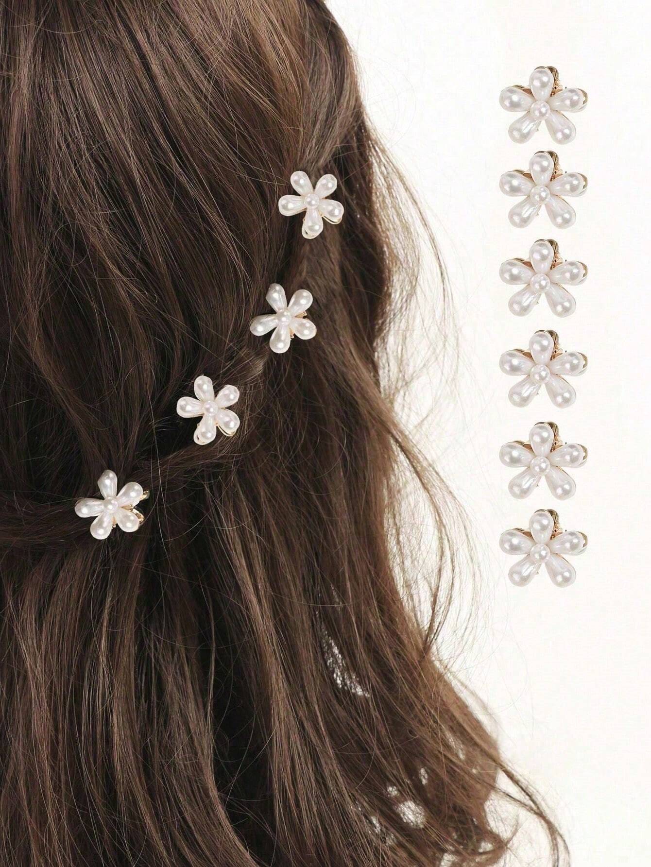 6 Små Gyldne Hårklemmer med Hvide Perle Blomster