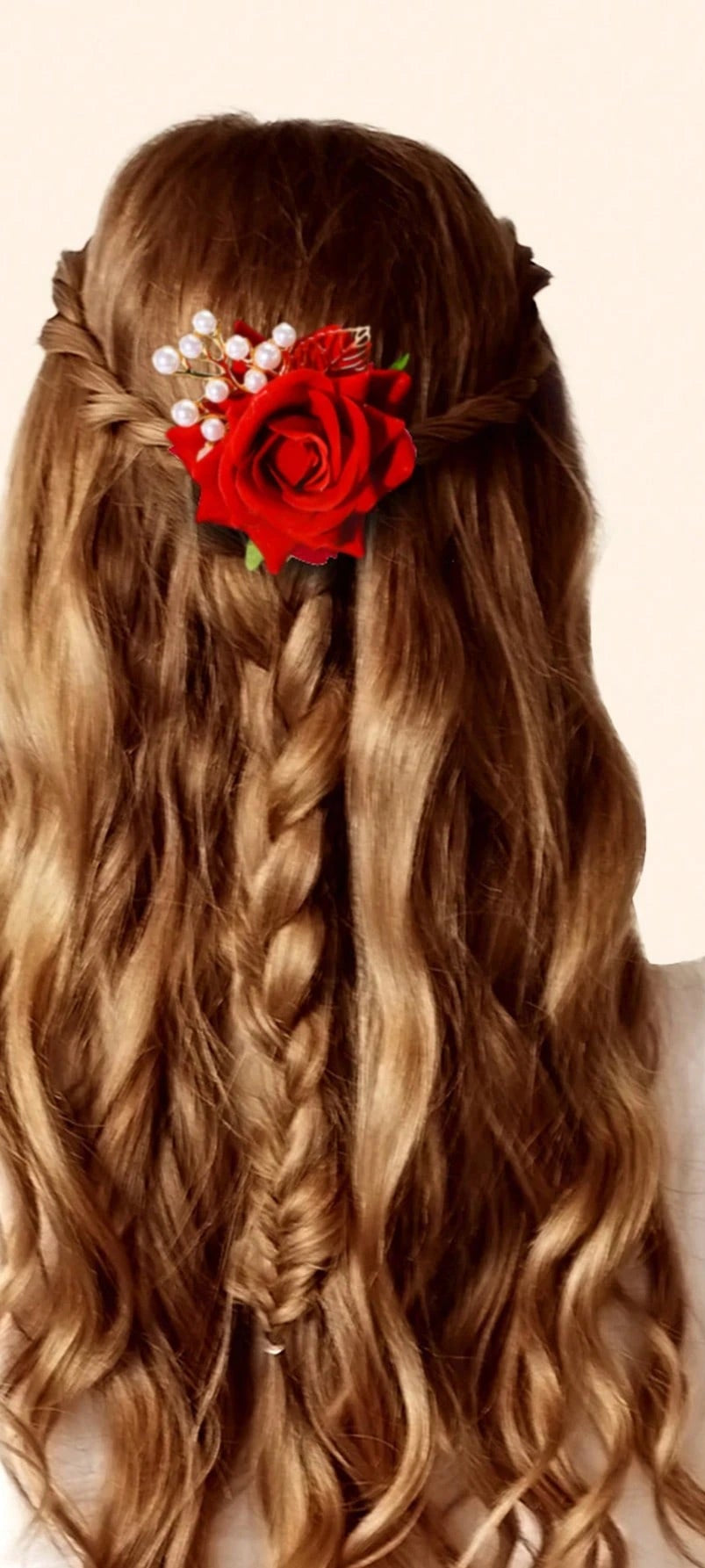 Rød Rose med Gyldent Blad & Hvide Perler