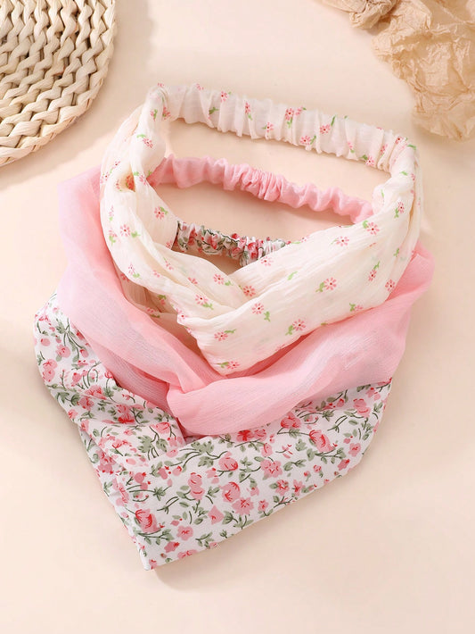 3 Hårbånd med Snoning - Lyserøde Farver & Blomsterprint