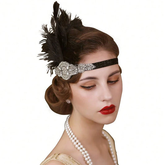Sort Pandebånd med Fjer og Perler i 1920'er Gatsby Retro Stil
