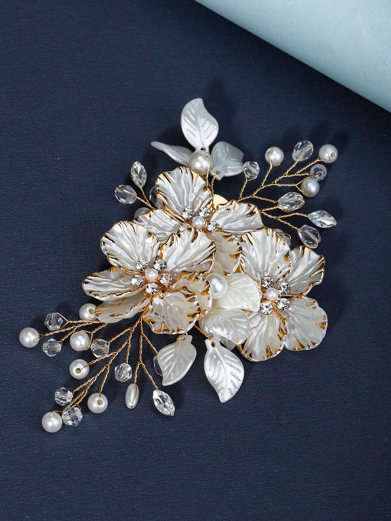 Hair Ornament with White Flowers, Leaves & Pearls