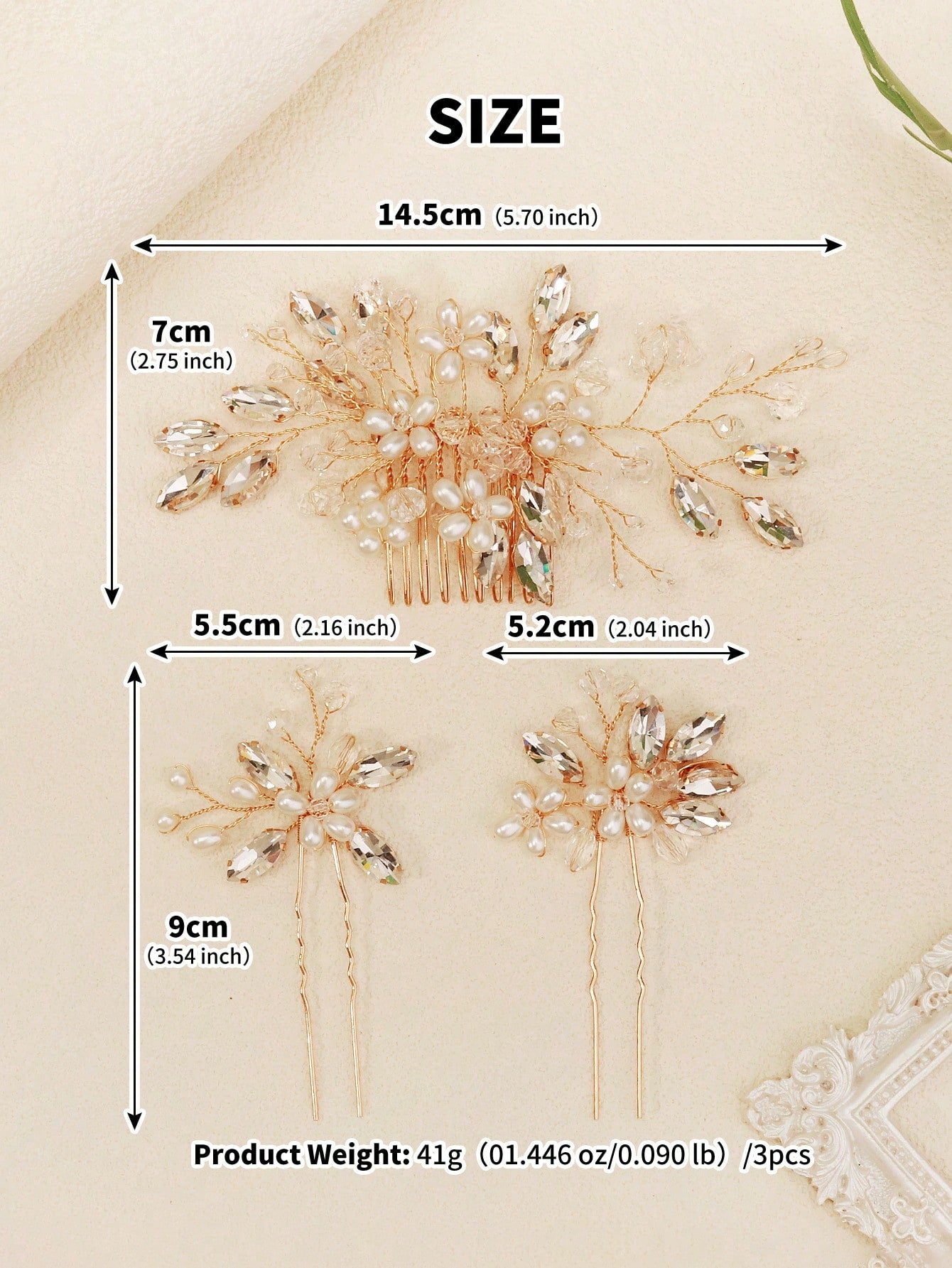 Gyldent Hårsmykke & 2 Hårnåle - med Blomster & Krystalperler