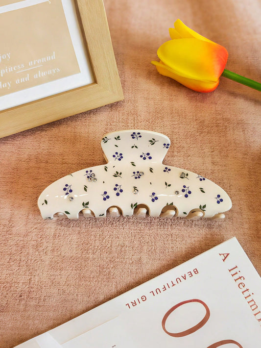 Hvid Hårklemme med Blå Blomster & Perle