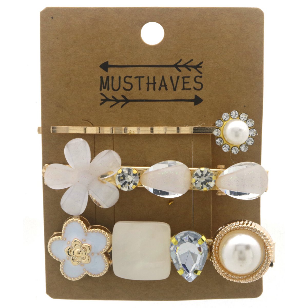 3 Gyldne Hårklemmer med Perler i Hvide Farver