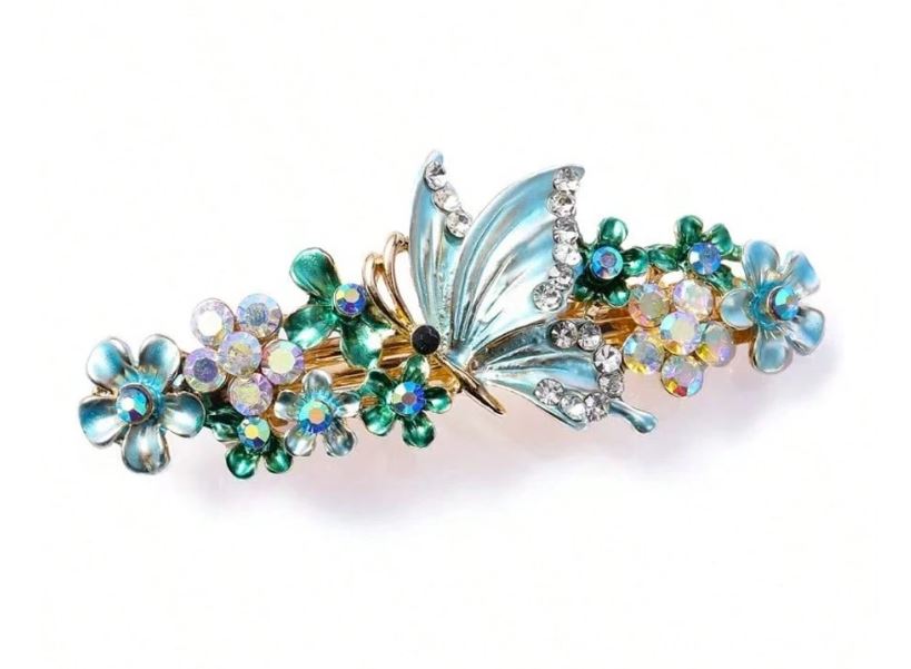 Gyldent Patent Hårspænde med krystalperler blomster og sommerfugl - i Lys Grøn