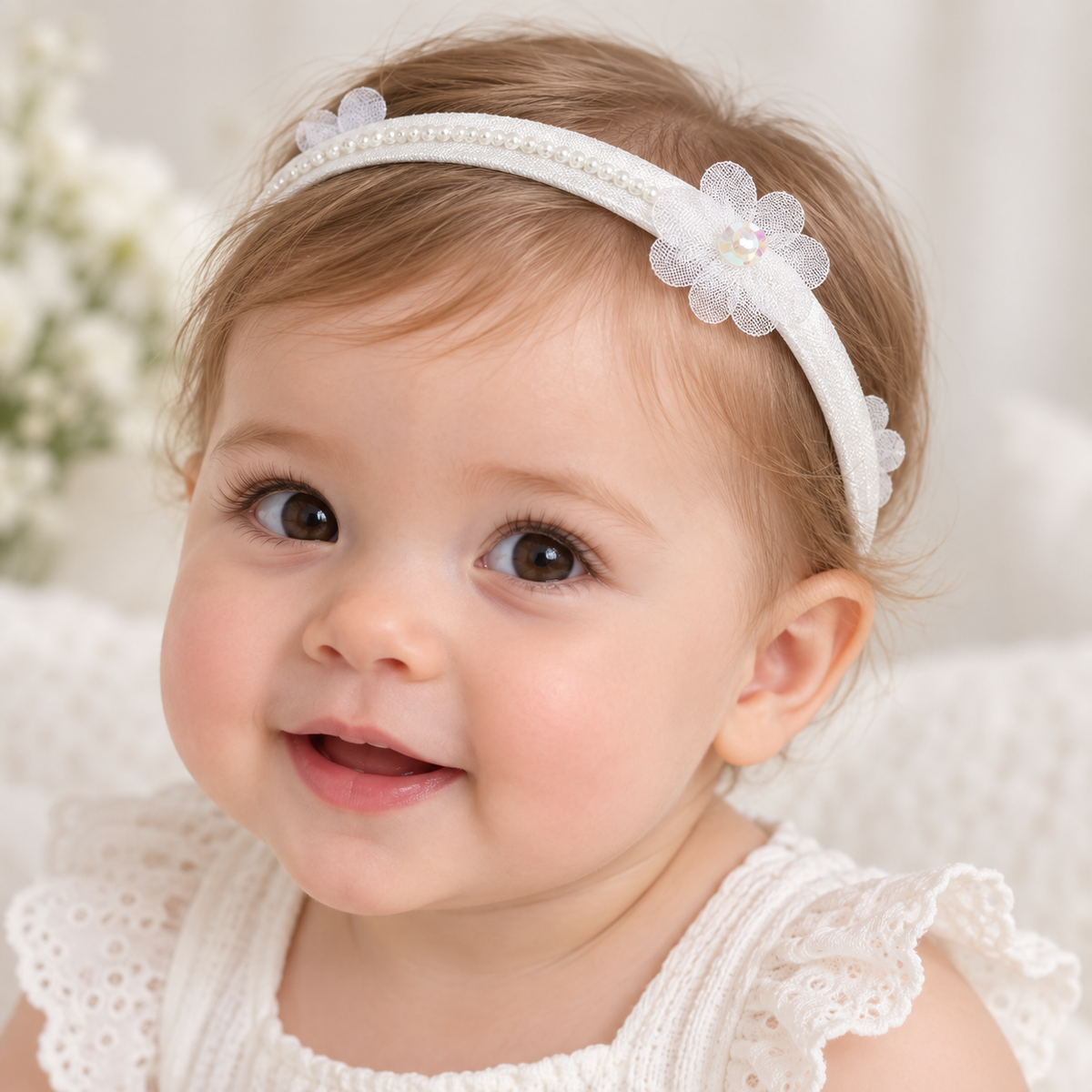 Baby Hairband - in White Satin with Flowers and Pearls