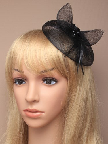 Sort Fascinator med Blomst og Fjer