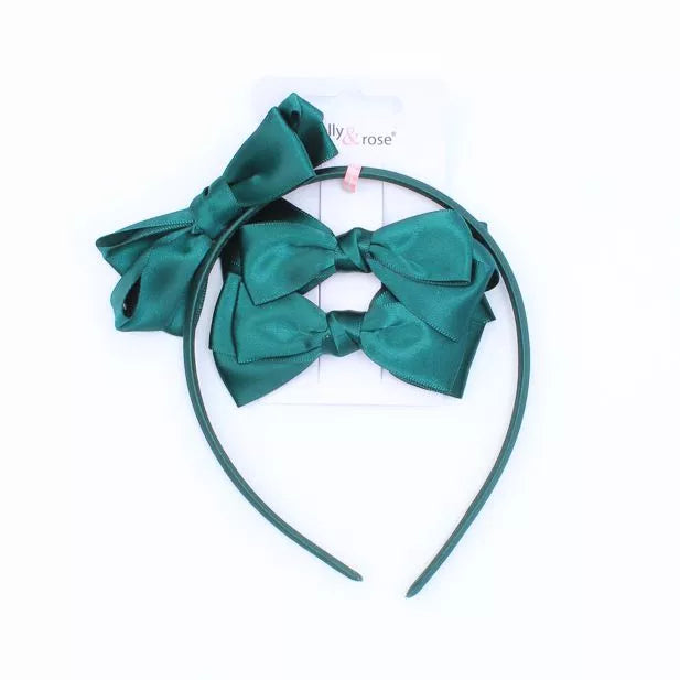 Sæt - Satin-Hårbøjle & Hårklemmer med Sløjfer - i Grøn