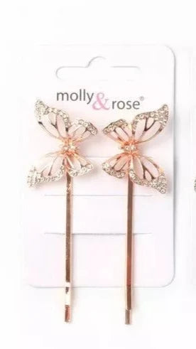 Rosaguld HÄrspÊnder med Sommerfugle og Krystalperler