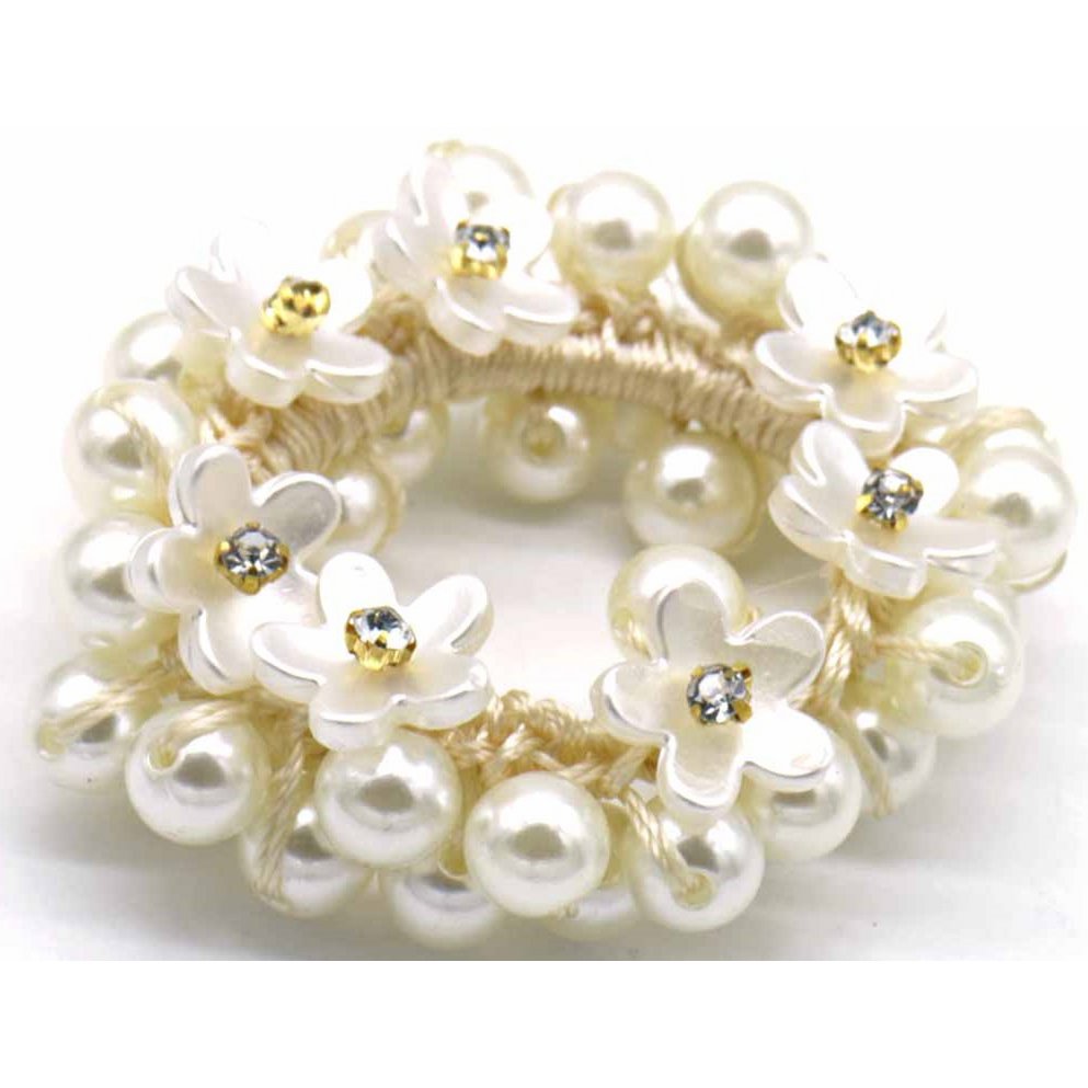 Hvid Hårelastik med Blomster & Perler