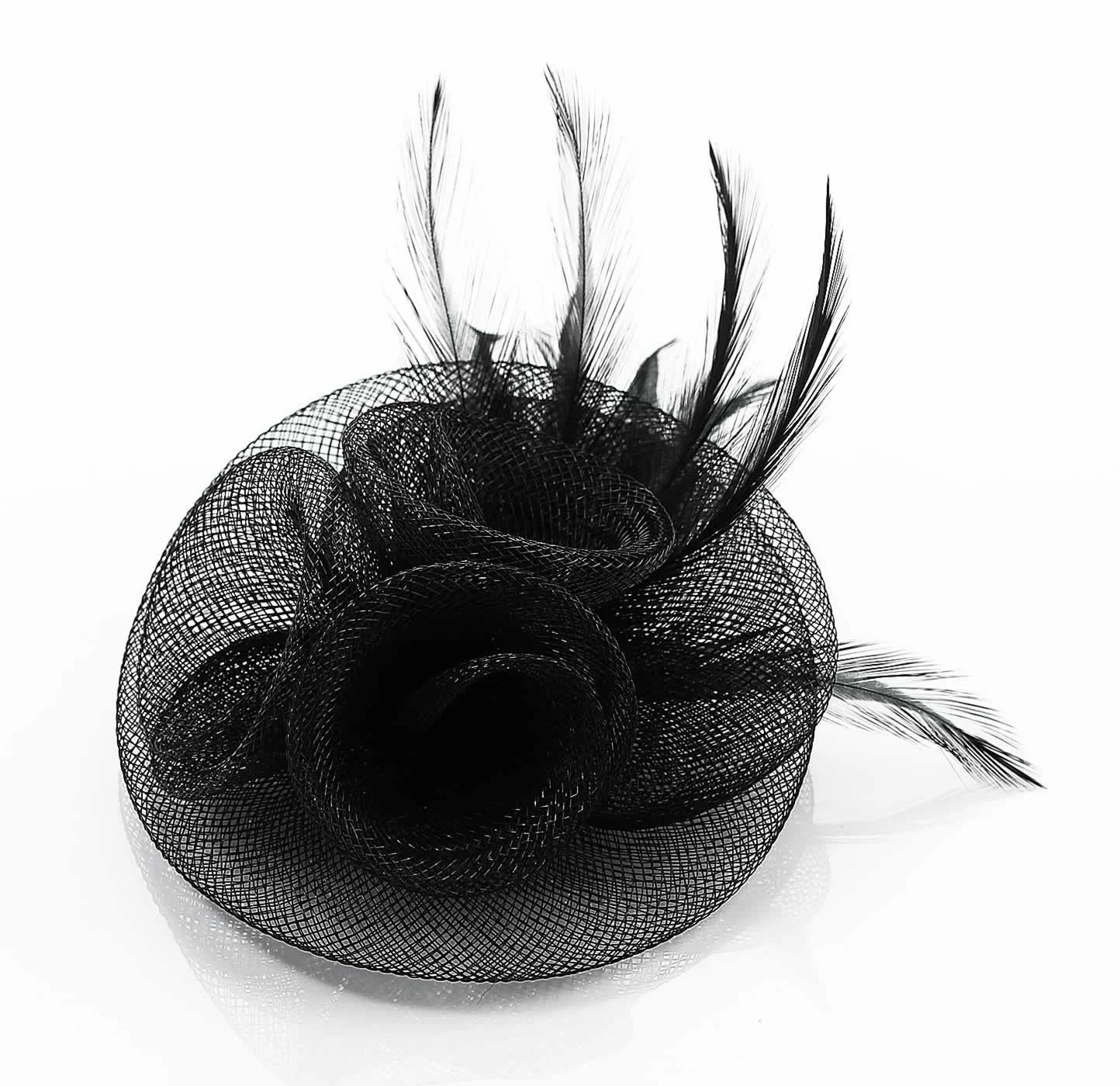 Sort Fascinator med Blomst & Fjer