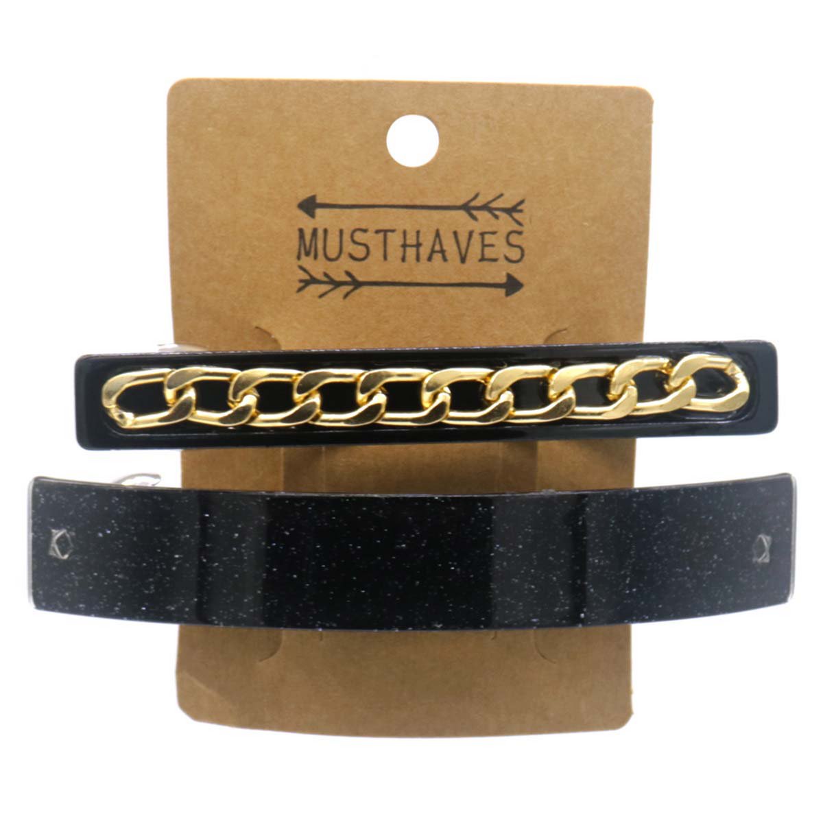 2 Patent Hårspænder i Sort - med Glitter og Guldkæde