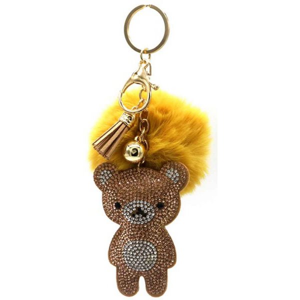 Nøglering med Stor Krystal Bamse, Perle, Tassel & Pom Pom