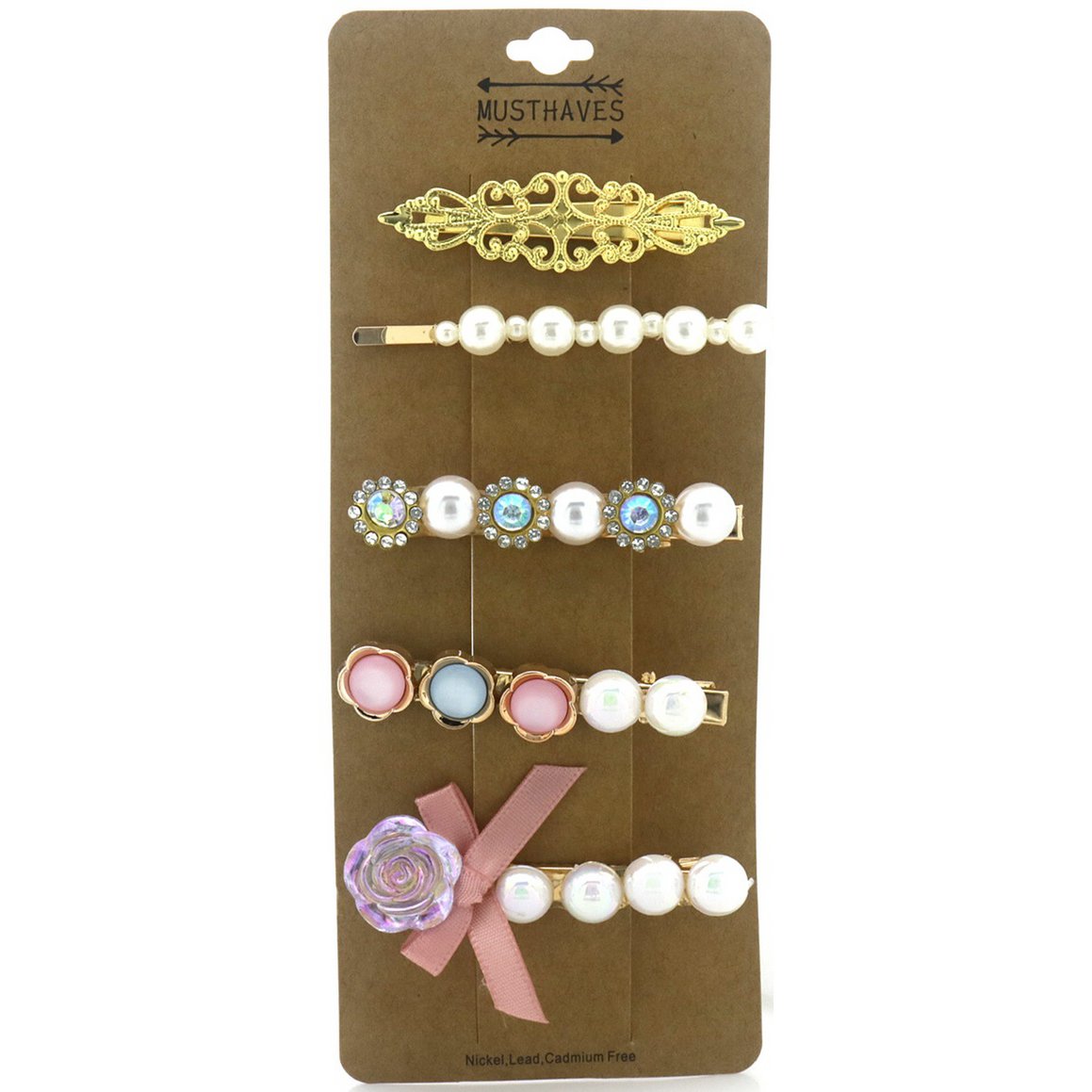 5 Golden Hair Clips with Pearls - in White and Pink Colors