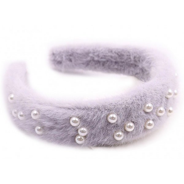 Hårbøjle i Blødt Kunstpels i Grå med Perler