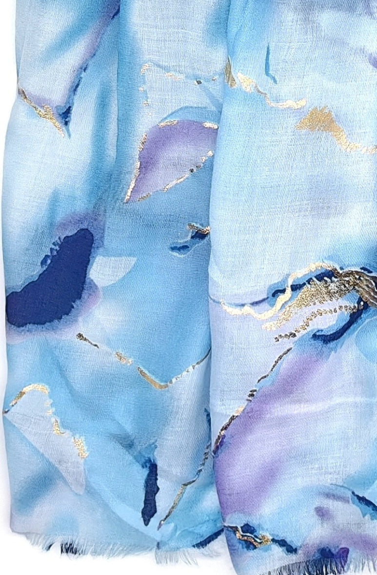 Stort Tørklæde med Bomuld - Mønster i Blå med Guld