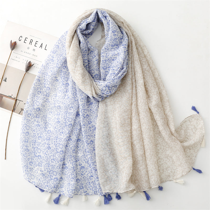 Stort Tørklæde med Bomuld - Flot Todelt Blomsterprint & Kvaster