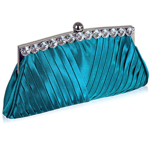 Clutch Taske i Satin m. Perle-Dekoreret Rammelås - i Turkis - SofiaGaver.dk