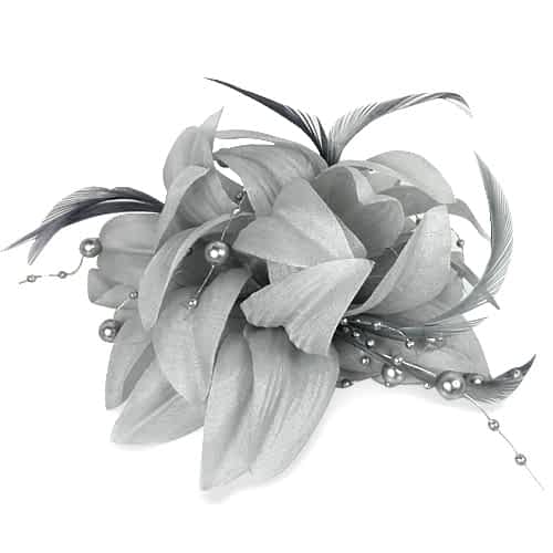 Grå Hårblomst - Fascinator m. Fjer & Perlestrenge