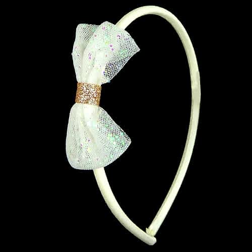 Satin-Hårbøjle med Sløjfe og Glitter - i Hvid - SofiaGaver.dk