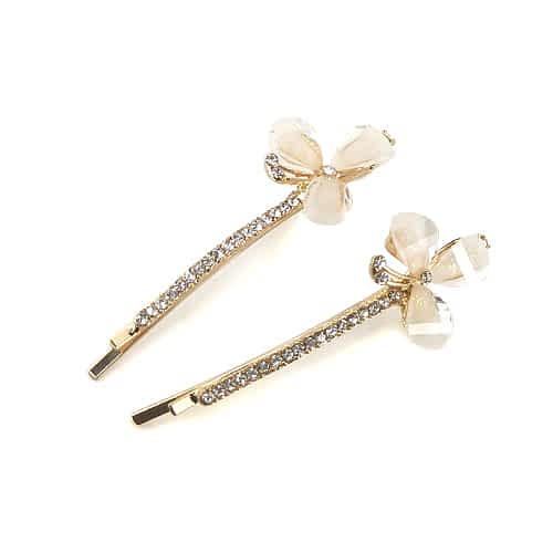 Gyldne HÄrspÊnder med Hvide Blomster og Krystalperler - SofiaGaver.dk