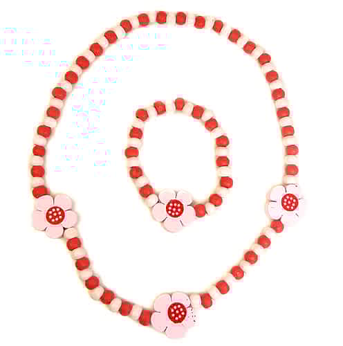 Halskæde & Armbånd - Træperler med Blomster - SofiaGaver.dk