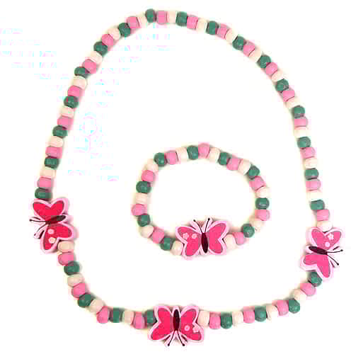 Halskæde & Armbånd - Træperler med Sommerfugle - SofiaGaver.dk