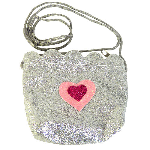 Lille Skuldertaske med Glitter & Hjerter - i Sølv - SofiaGaver.dk