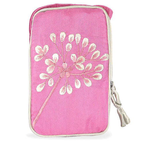 Taske i Silke med Broderede Blomster - i Rosa - 15 cm - SofiaGaver.dk