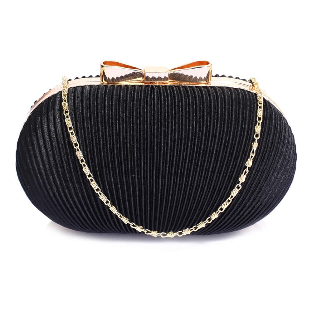 Clutch i Sort Satin - Hardcase med Rammelås i Guld med Sløjfe-Design - SofiaGaver.dk