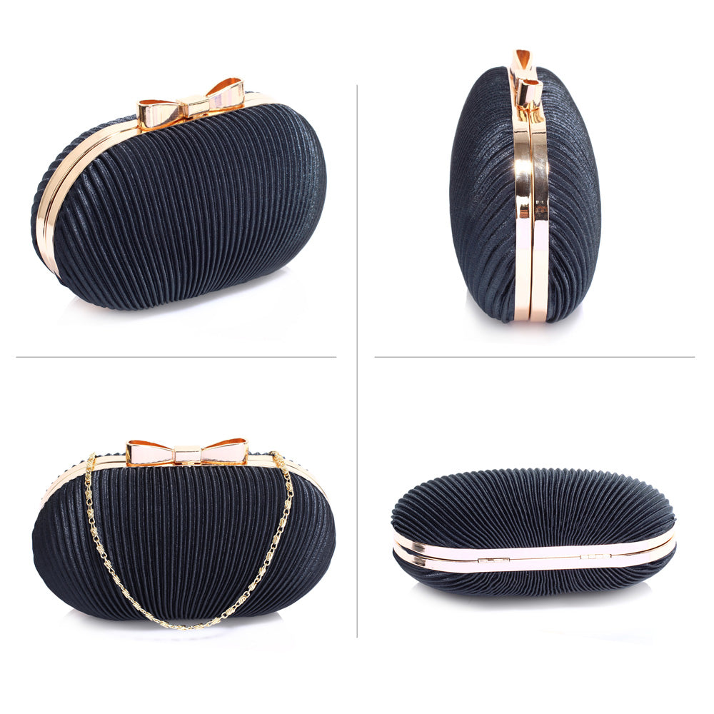 Clutch i Sort Satin - Hardcase med Rammelås i Guld med Sløjfe-Design - SofiaGaver.dk