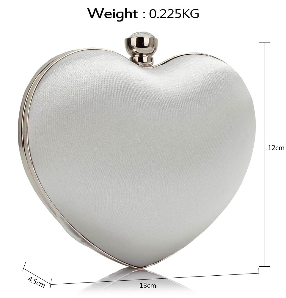 Hjerte Clutch i Hvid-SĂžlv - Satin Hardcase m. Rhinestone-MĂžnster - SofiaGaver.dk