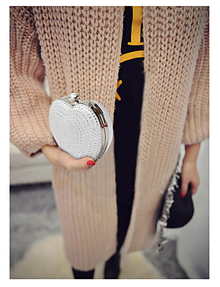 Hjerte Clutch i Hvid-SĂžlv - Satin Hardcase m. Rhinestone-MĂžnster - SofiaGaver.dk