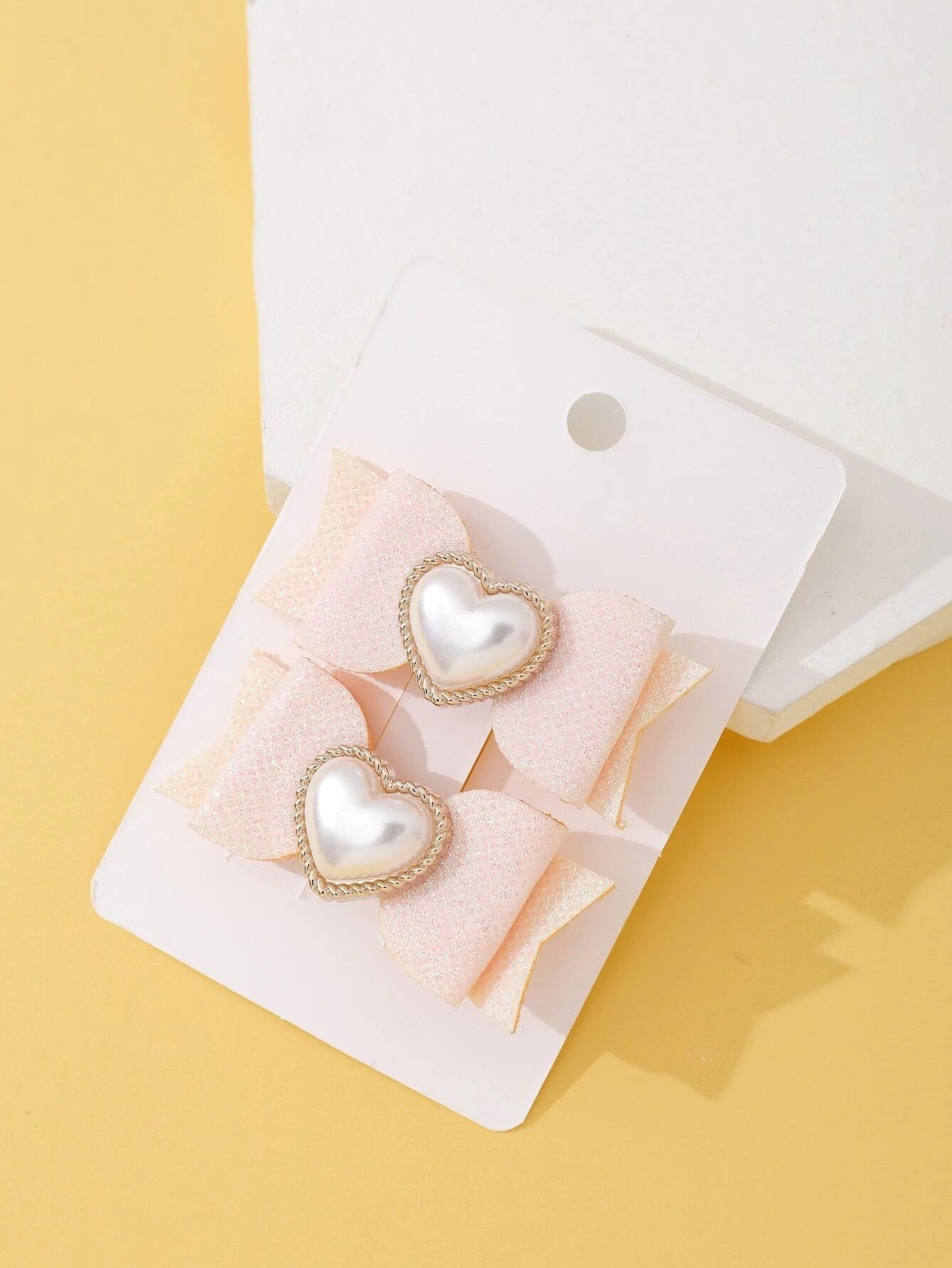 Pink Bows with Glitter & White Pearl Hearts