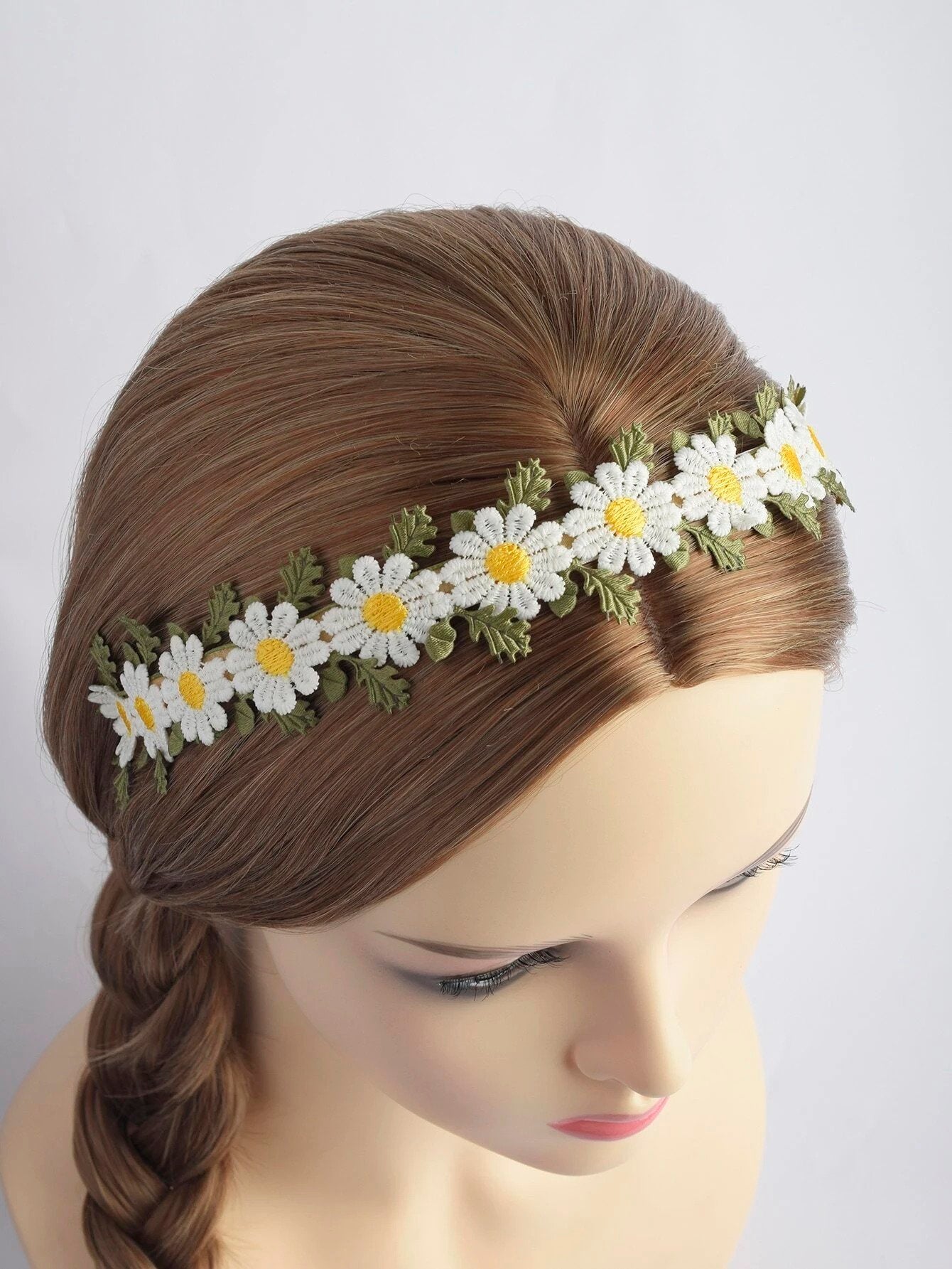 Hårbøjle med Hvide Marguerit Blomster & Grønne Blade