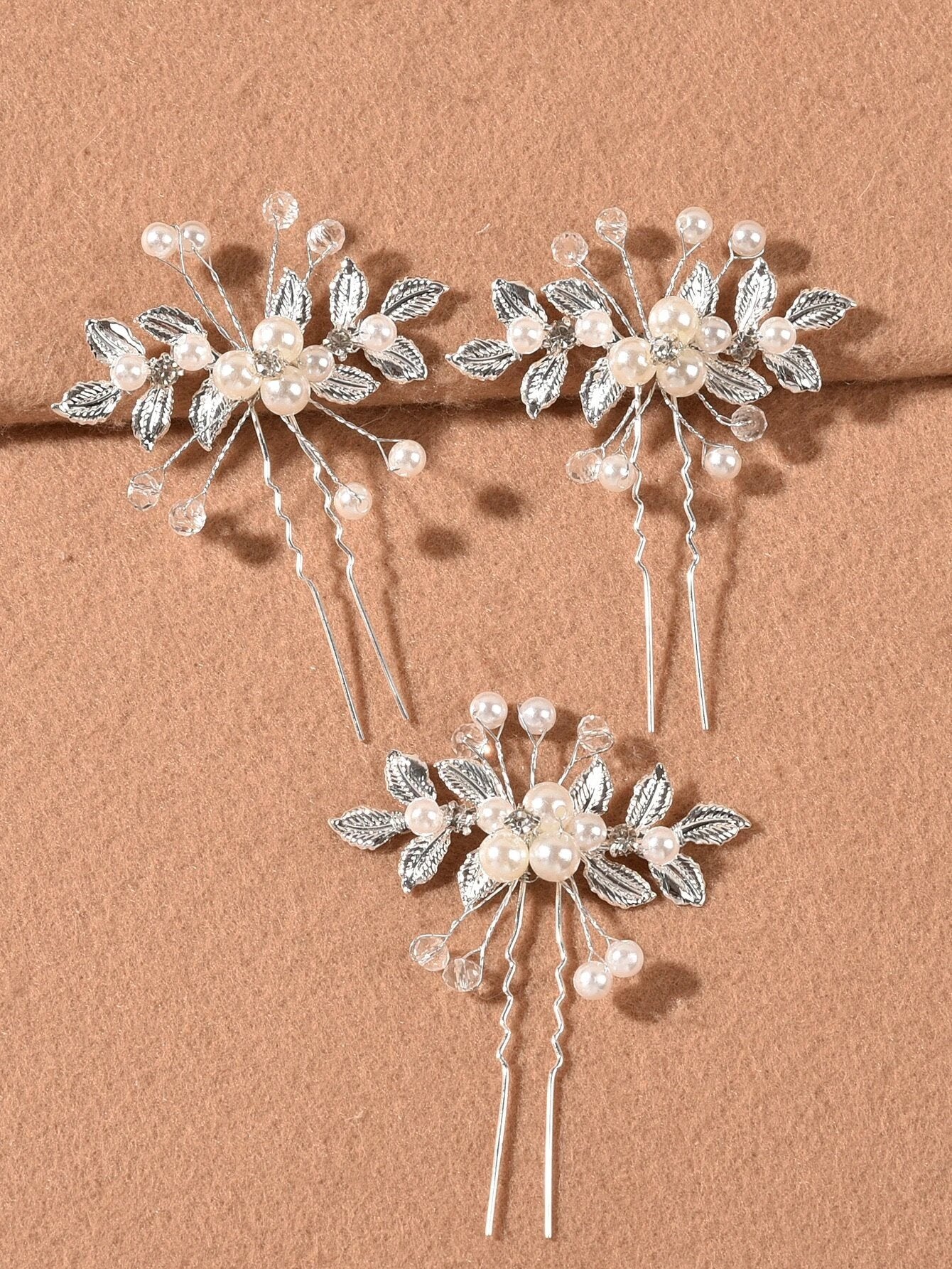 3 Stk Sølv Hårnåle med Blomster, Blade og Perler - SofiaGaver.dk
