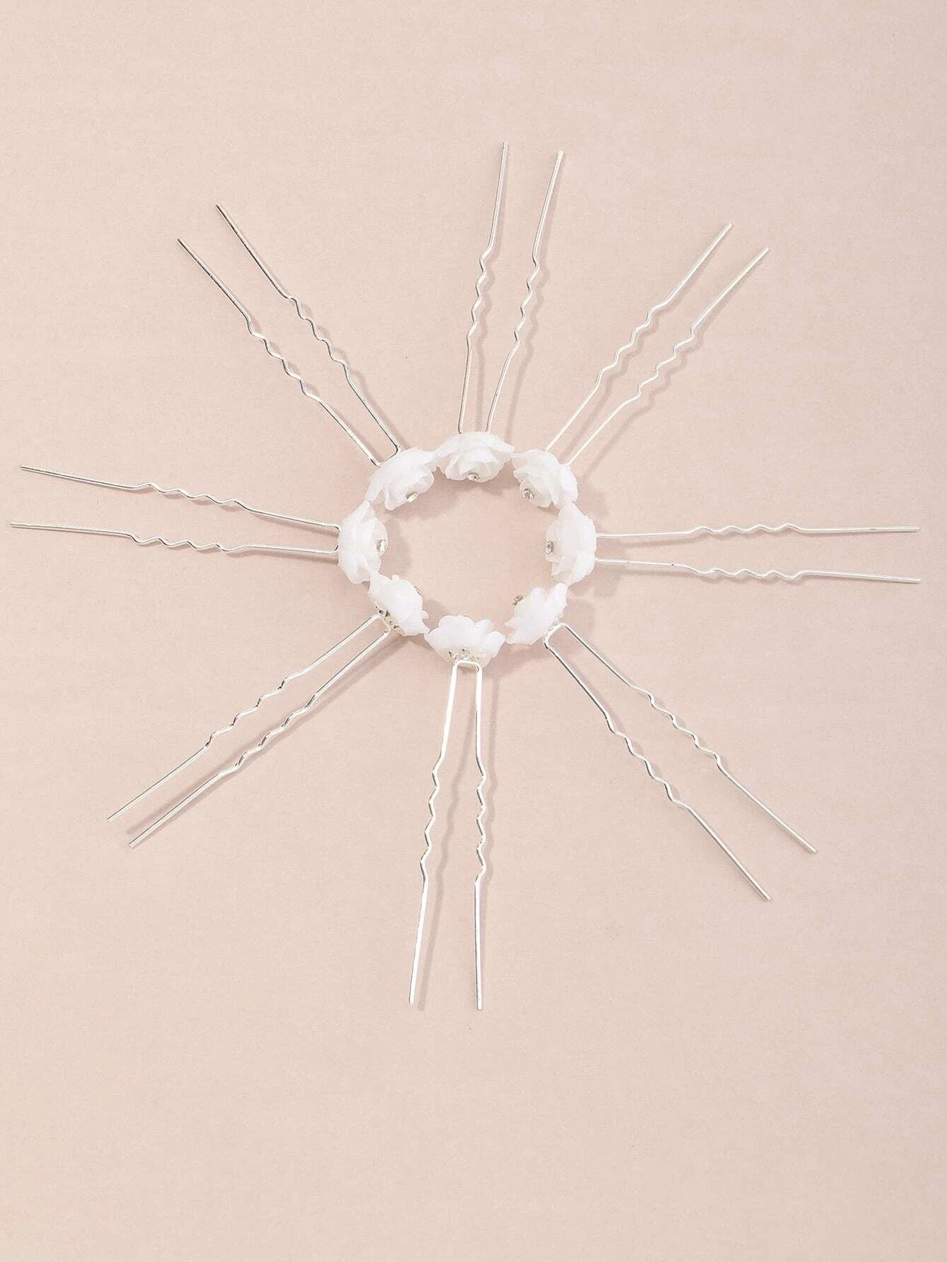 8 stk Hårnåle med Hvide Roser, Glimmer & Krystalperle - SofiaGaver.dk