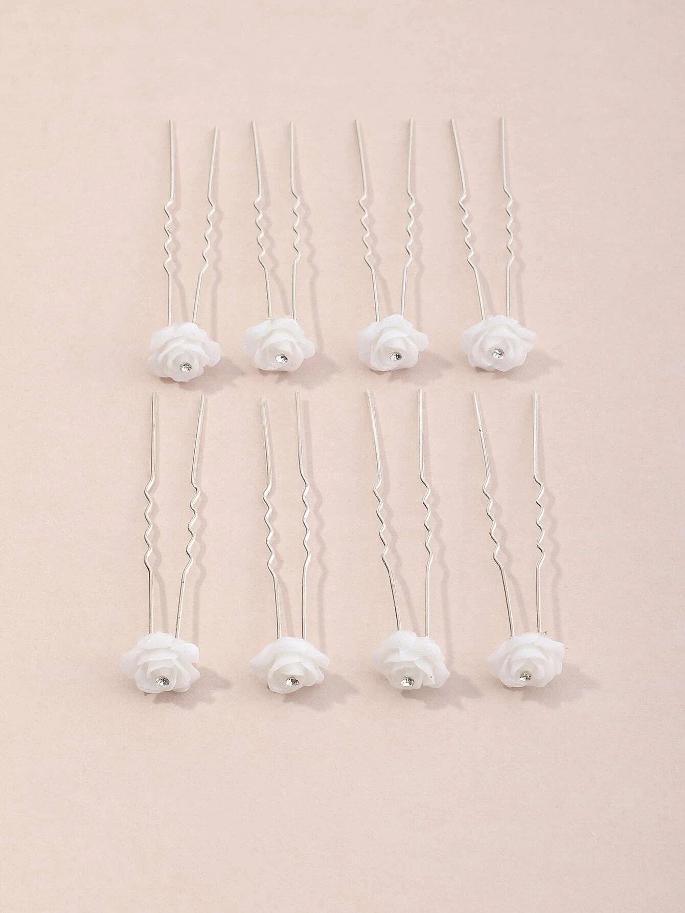 8 stk Hårnåle med Hvide Roser, Glimmer & Krystalperle - SofiaGaver.dk