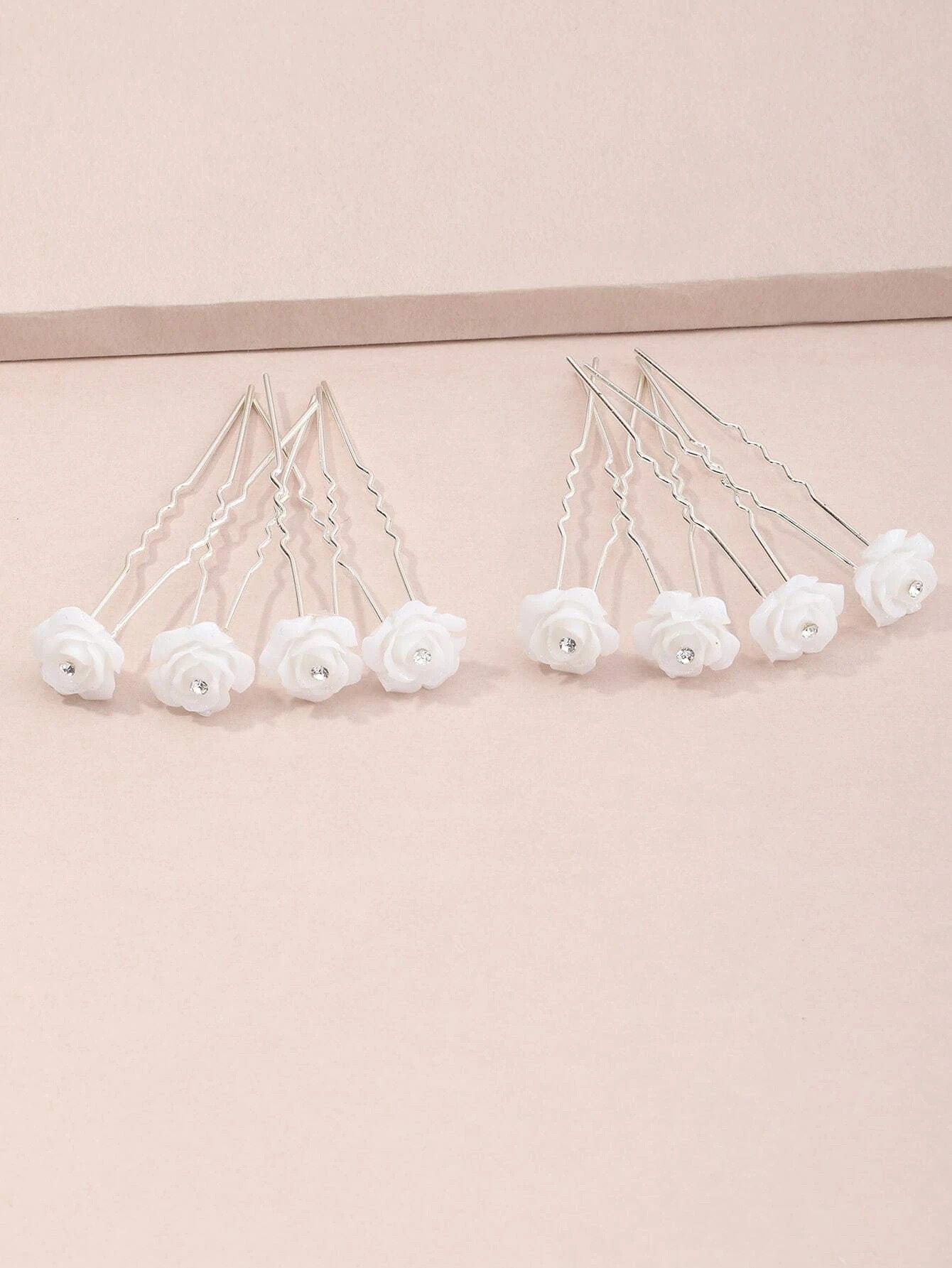 8 stk Hårnåle med Hvide Roser, Glimmer & Krystalperle - SofiaGaver.dk