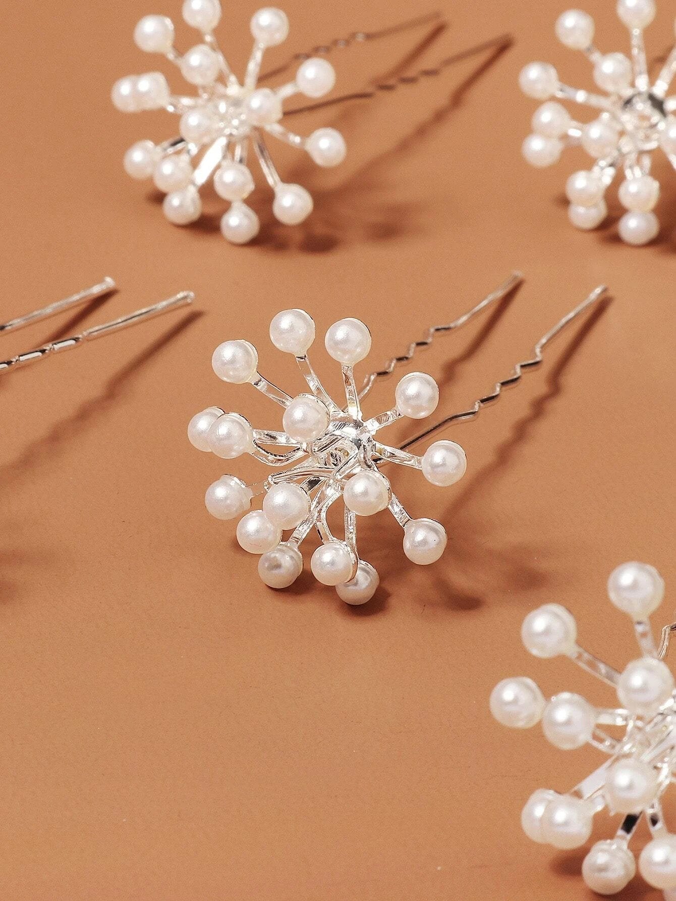 6 stk Sølv Hårnåle med Hvide Perle Blomster - SofiaGaver.dk