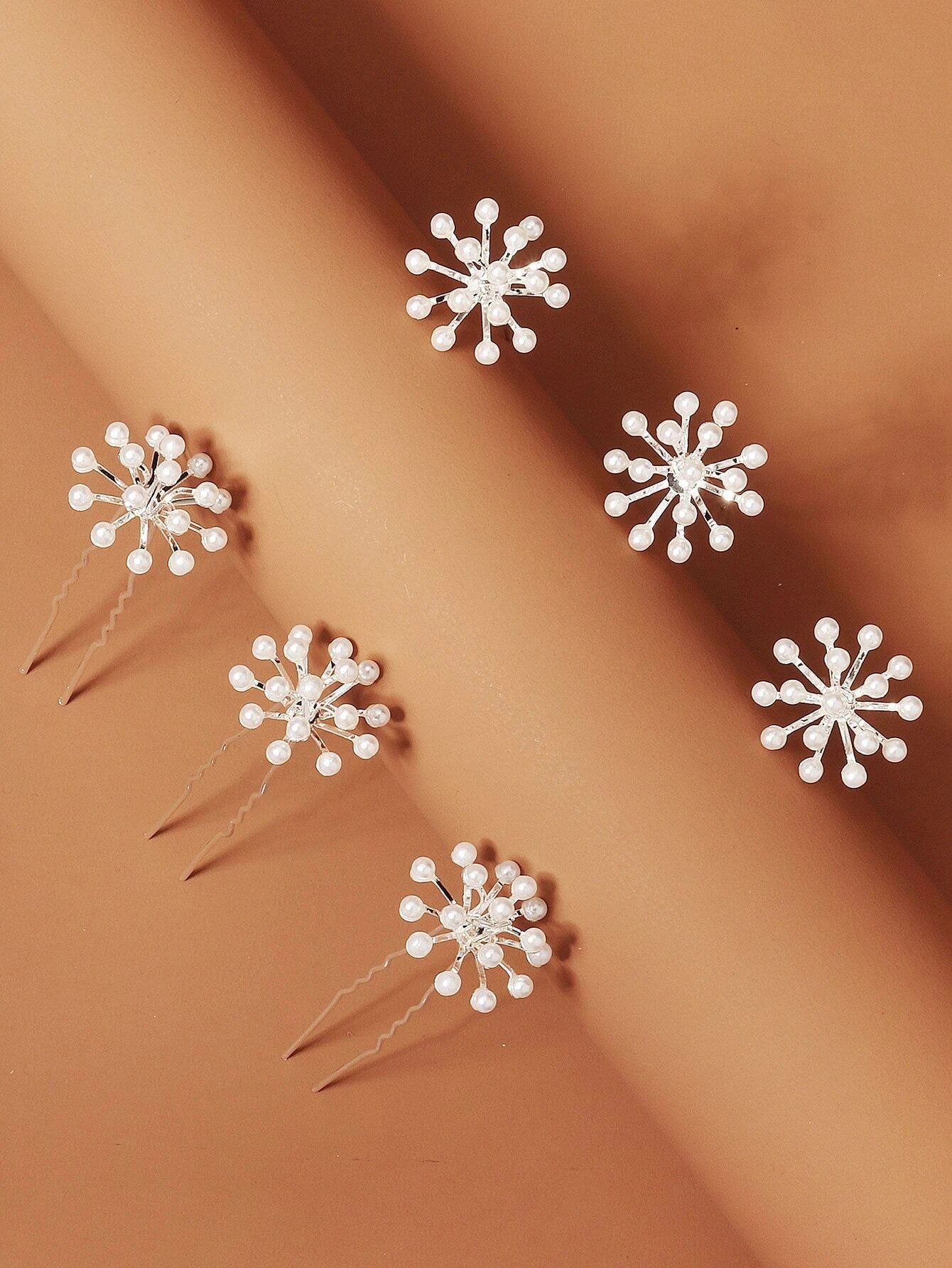 6 stk Sølv Hårnåle med Hvide Perle Blomster - SofiaGaver.dk