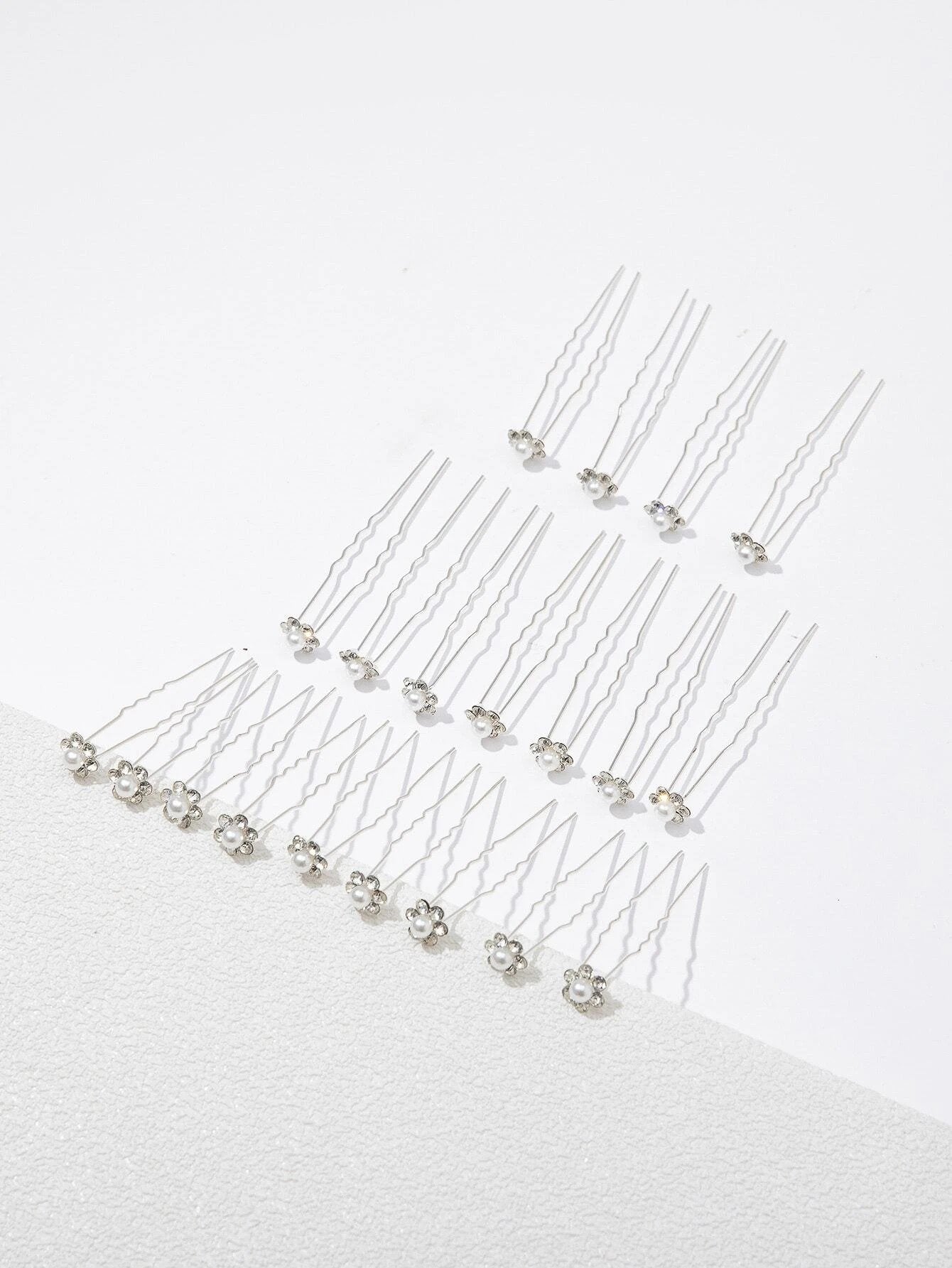 20 stk Sølv Hårnåle med Hvide Perler & Krystalperler - SofiaGaver.dk
