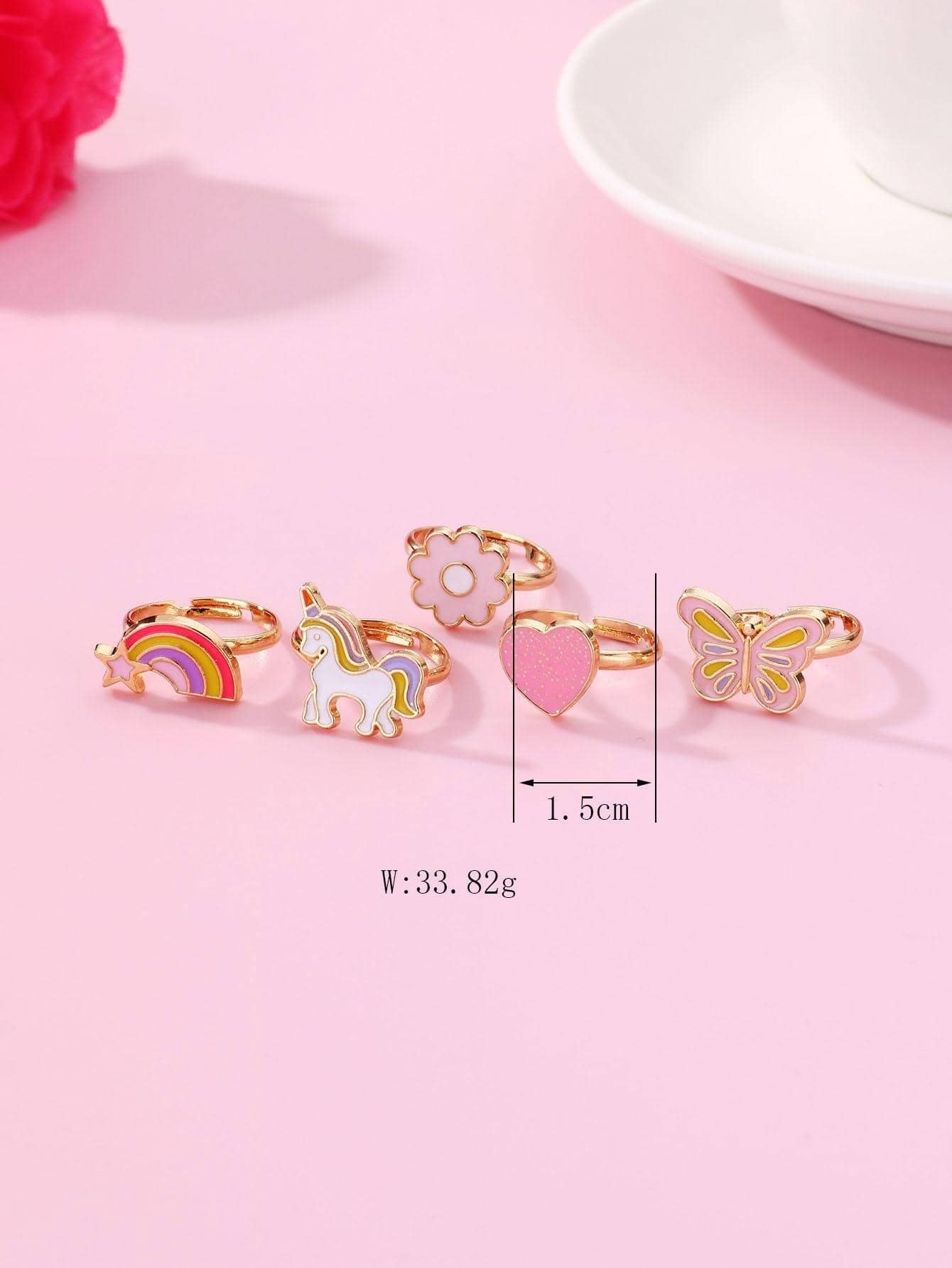 Gaveæske med 5 Ringe - Enhjørning, Sommerfugl mm - SofiaGaver.dk